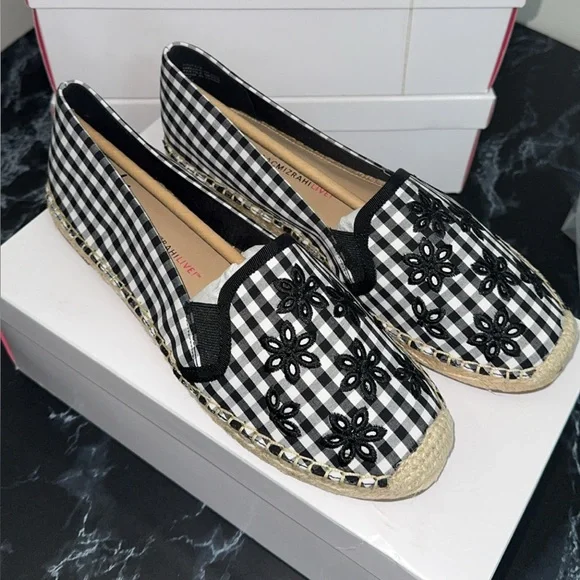 Isaac Mizrahi Live! Gingham Espadrilles Eyelet Embroidery Black Shoes AUTHENTIC - Picture 2 of 9